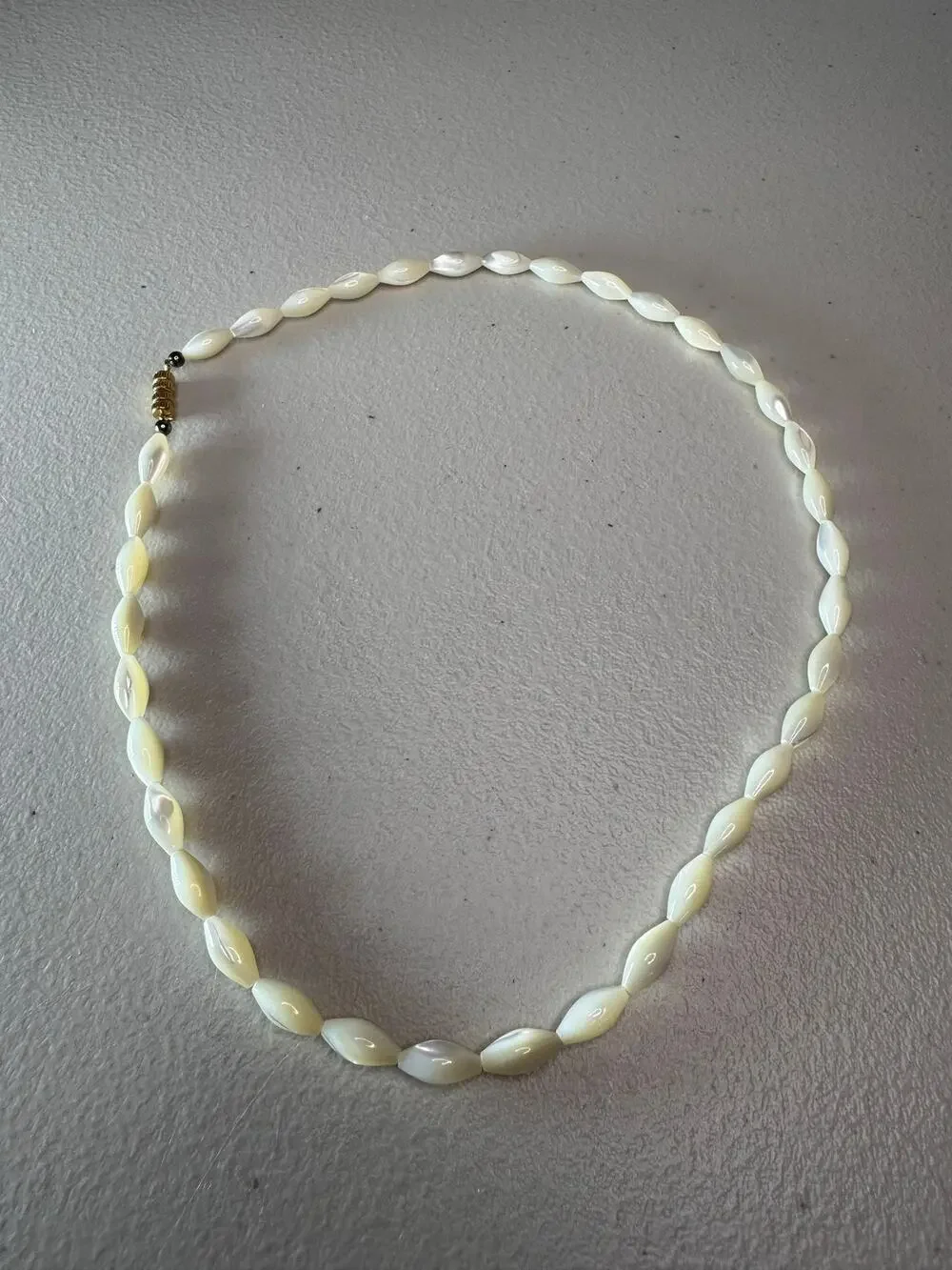Vintage Mother of Pearl Shell Beaded Necklace Marquise Gold Tone Clasp